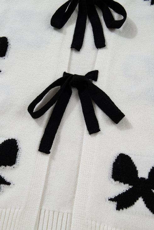 Ribbon Tie Front Bow Jacquard Knit Cardigan